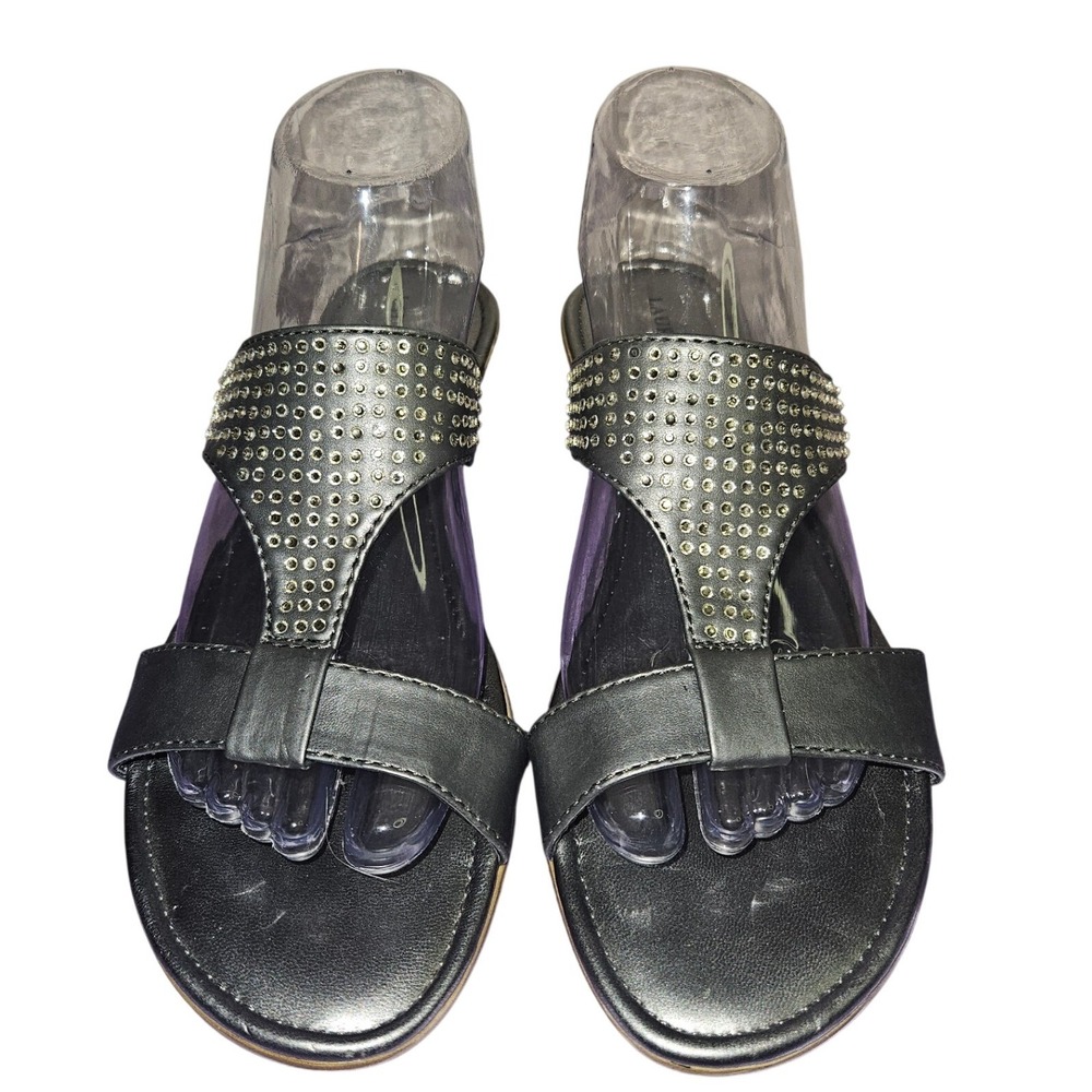 Laura Ashley Womens Pewter Metallic Rhinestone T-Strap Flat Slide Sandals sz 8.5